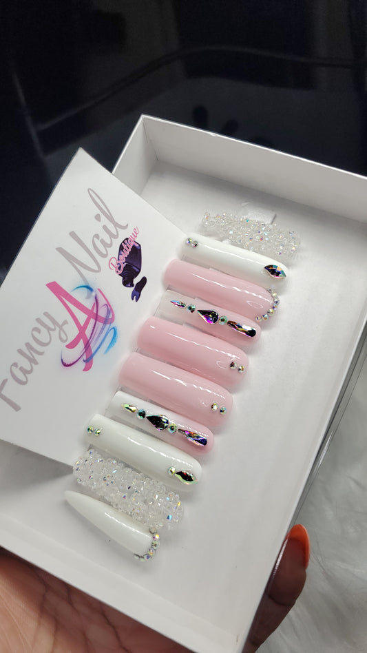 Glow in the datk pink and white tapared square. Stilletto pinky nails