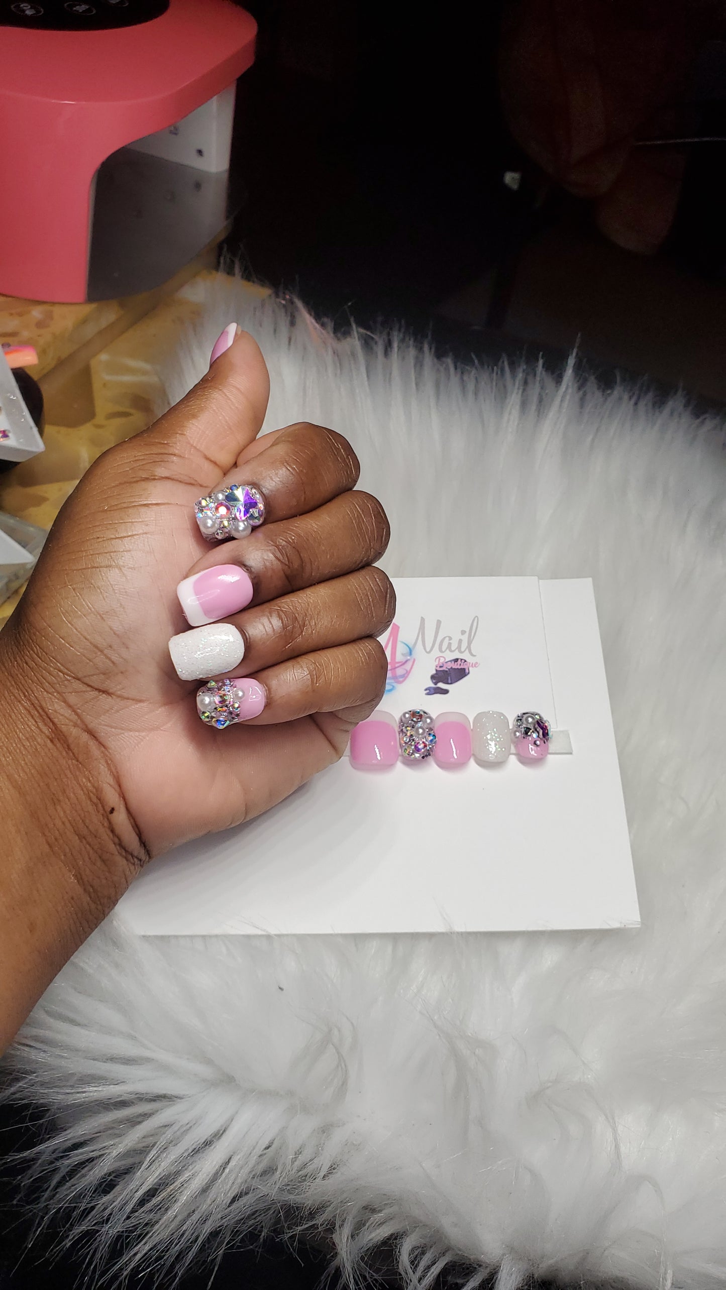 Pink and white press on nail bling set