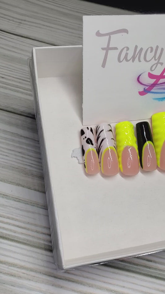 Neon green and french nails( long square)